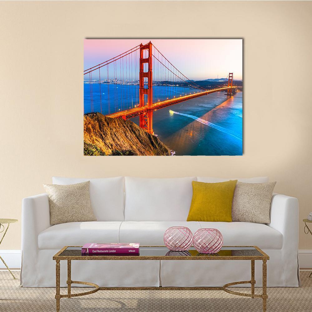 Golden Gate Bridge and San Francisco Skyline Canvas Wall Art in red, orange and blue, single panel hung on a wall