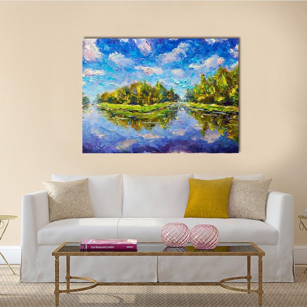 Green Islands with River Reflection Canvas Wall Art in green and blue, single panel hung on a wall