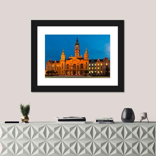 View Of Gyor City Hall At Night In Hungary Canvas Wall Art-1 Piece-Framed Print-20" x 16"-Tiaracle