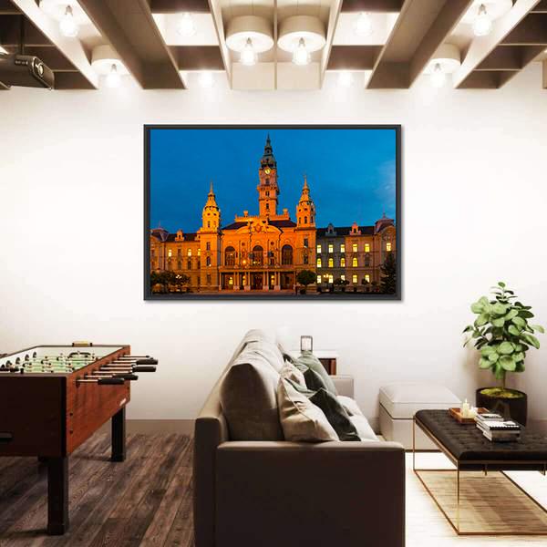 View Of Gyor City Hall At Night In Hungary Canvas Wall Art-3 Horizontal-Gallery Wrap-25" x 16"-Tiaracle