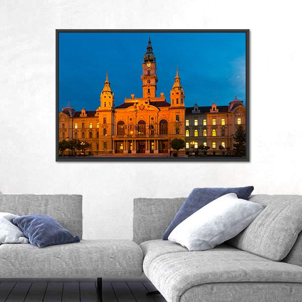 View Of Gyor City Hall At Night In Hungary Canvas Wall Art-3 Horizontal-Gallery Wrap-25" x 16"-Tiaracle