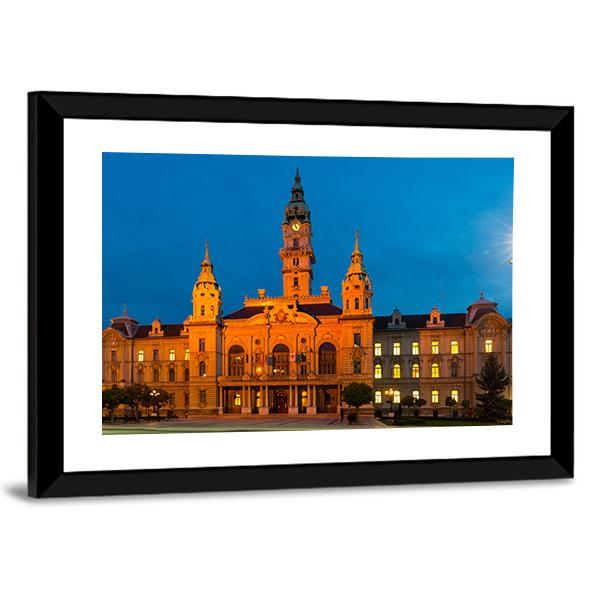 View Of Gyor City Hall At Night In Hungary Canvas Wall Art-3 Horizontal-Gallery Wrap-25" x 16"-Tiaracle