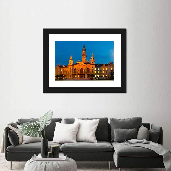 View Of Gyor City Hall At Night In Hungary Canvas Wall Art-3 Horizontal-Gallery Wrap-25" x 16"-Tiaracle
