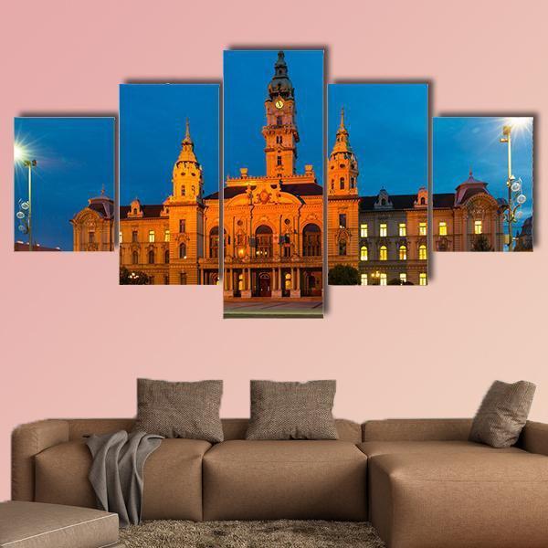 View Of Gyor City Hall At Night In Hungary Canvas Wall Art-5 Star-Gallery Wrap-62" x 32"-Tiaracle