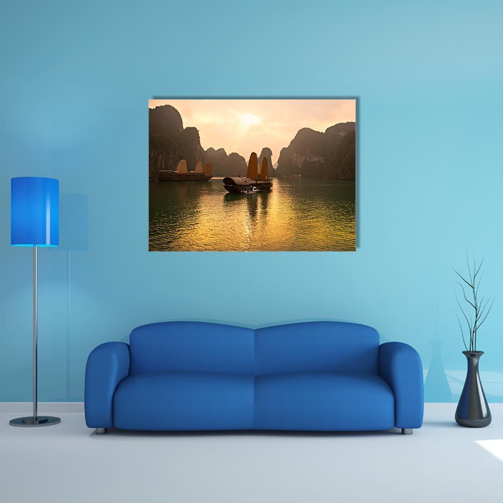 Ha Long Bay Sunset View Canvas Wall Art in brown, orange and yellow, single panel hung on a wall