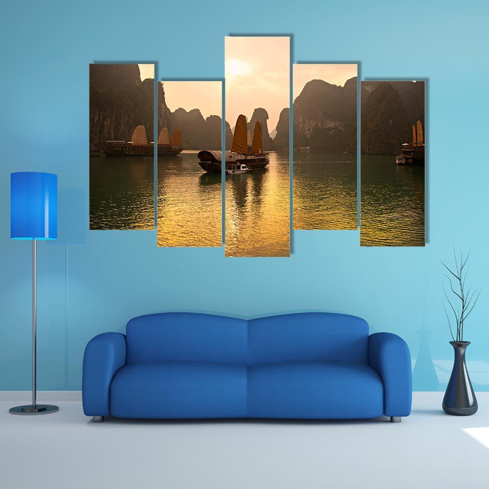 View of Ha Long Bay In Vietnam Canvas Wall Art-5 Pop-Gallery Wrap-47" x 32"-Tiaracle