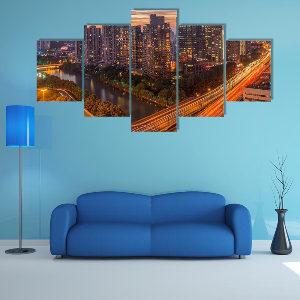 View Of Hangzhou City Canvas Wall Art-5 Star-Gallery Wrap-62" x 32"-Tiaracle