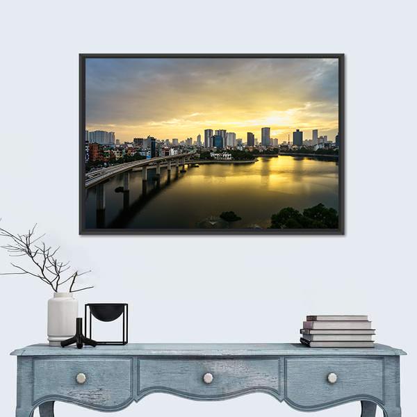 Hanoi Skyline Over Hoang Cau Lake Canvas Wall Art in black, gray and yellow, framed canvas, product view on a white background