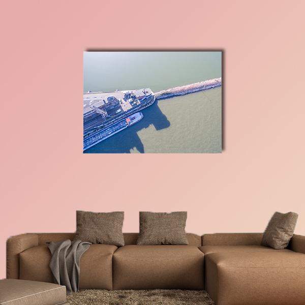 Aerial Harbor with Two Docked Ships Canvas Wall Art in gray and blue, single panel hung on a wall
