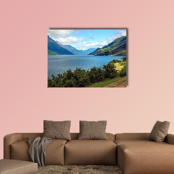 View of Hardanger Fjord, Norway Canvas Wall Art in green and blue, single panel hung on a wall