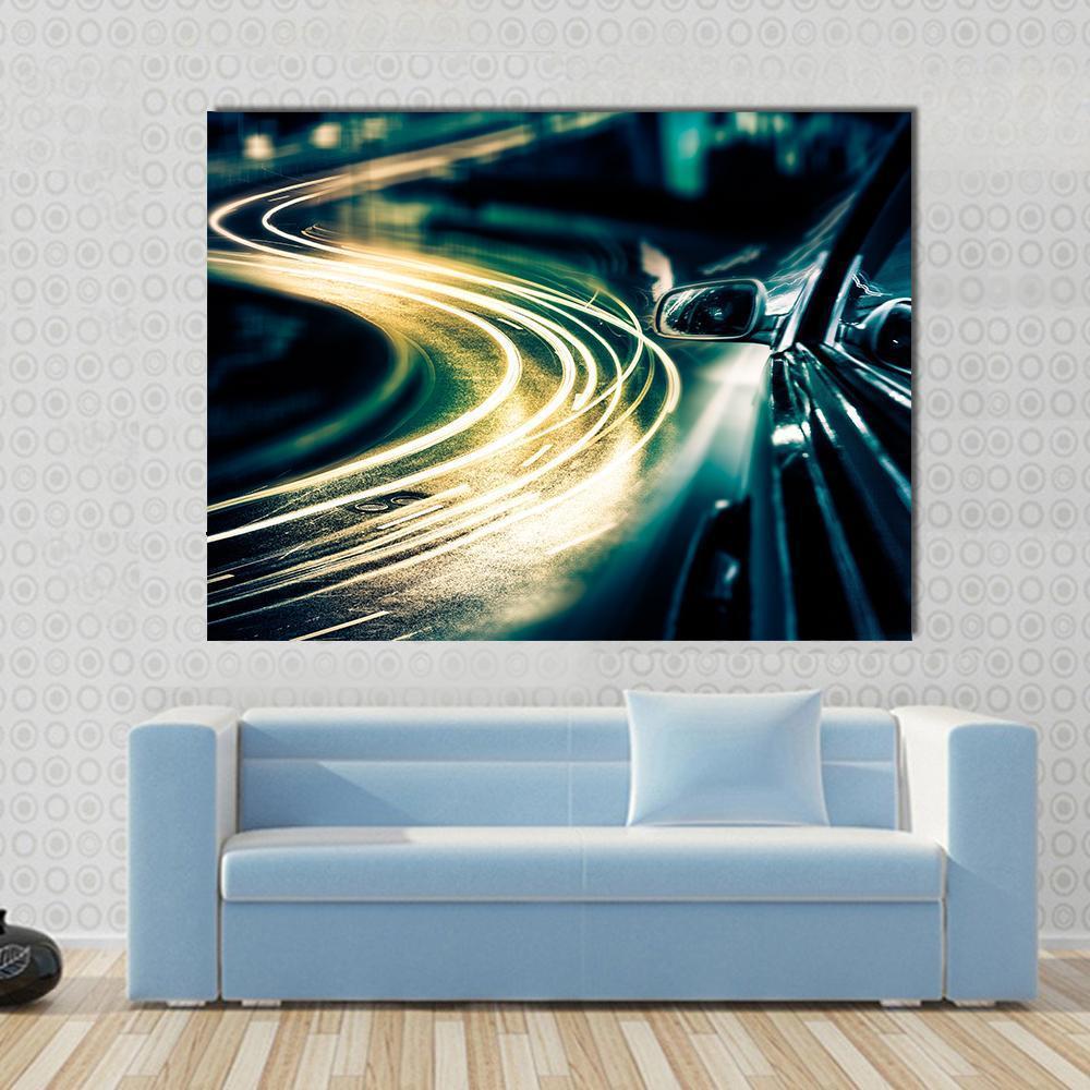 High Traffic View from Car Canvas Wall Art in black, yellow and blue, single panel hung on a wall