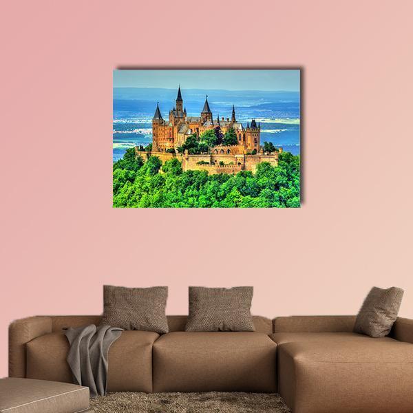 View of Hohenzollern Castle Canvas Wall Art in brown, green and blue, single panel hung on a wall