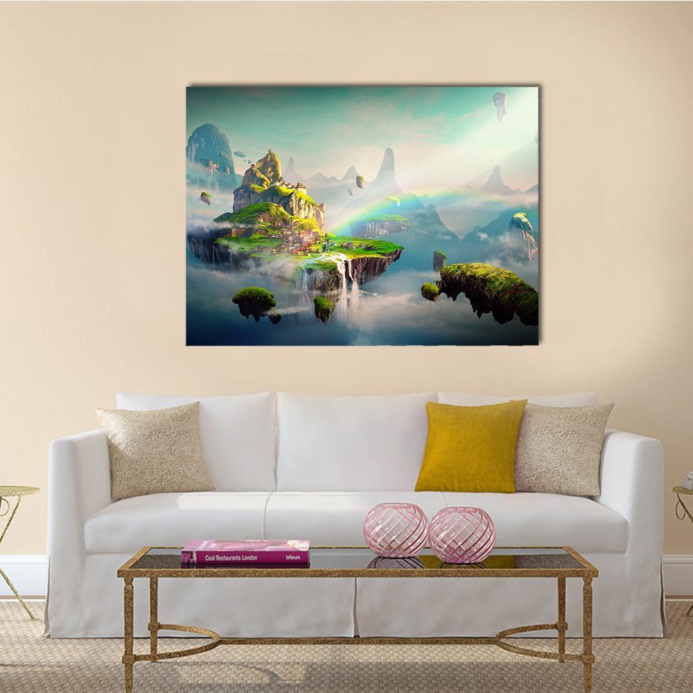Floating Island Village with Waterfall and Rainbow Canvas Wall Art in green and blue, single panel hung on a wall