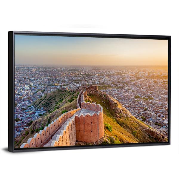 View Of Jaipur From Nahargarh Fort At Sunset Canvas Wall Art-3 Horizontal-Gallery Wrap-25" x 16"-Tiaracle