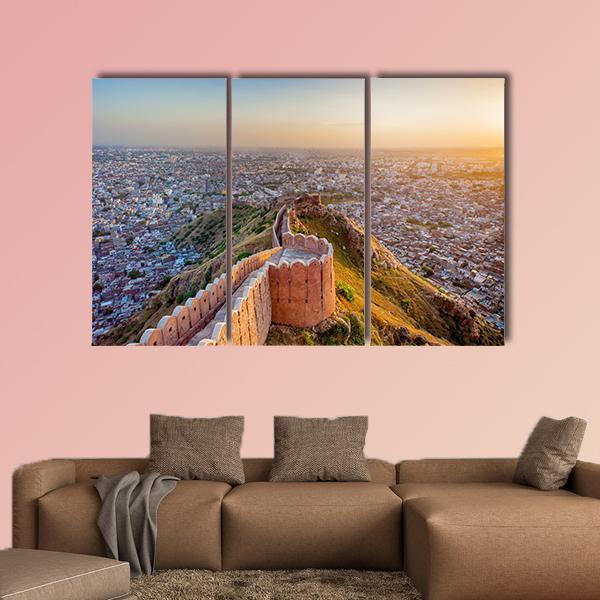 View Of Jaipur From Nahargarh Fort At Sunset Canvas Wall Art-5 Pop-Gallery Wrap-47" x 32"-Tiaracle