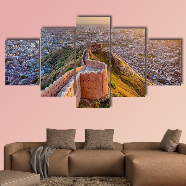 View Of Jaipur From Nahargarh Fort At Sunset Canvas Wall Art-5 Star-Gallery Wrap-62" x 32"-Tiaracle