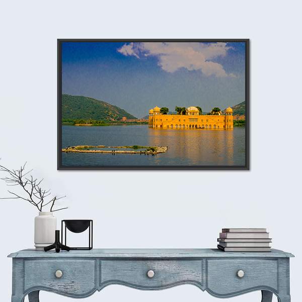 View Of Jal Mahal Water Palace On Man Sagar Lake Canvas Wall Art-1 Piece-Floating Frame-24" x 16"-Tiaracle