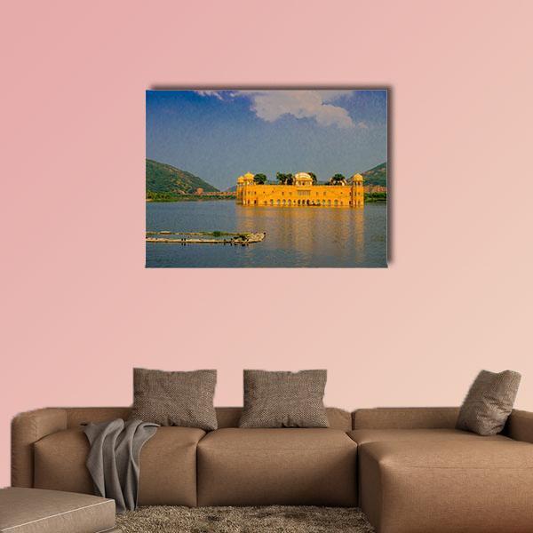 Jal Mahal on Man Sagar Lake Canvas Wall Art in gold, yellow and blue, single panel hung on a wall