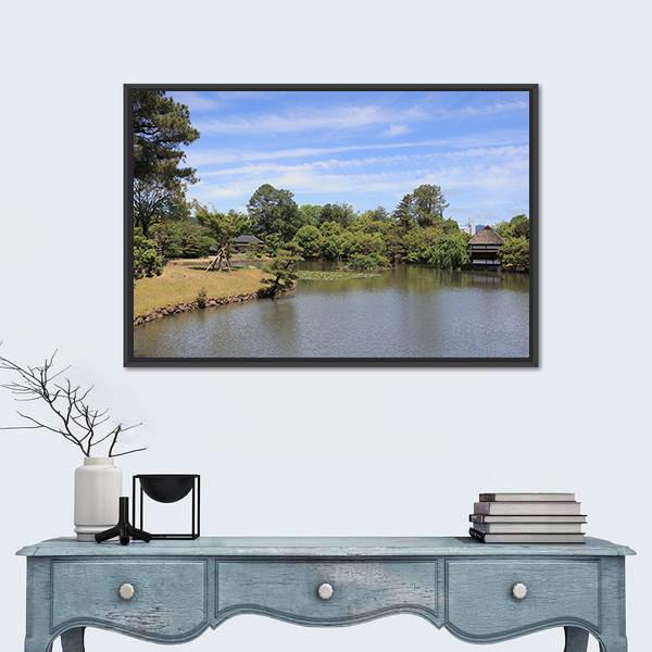 View Of Japanese Landscape Garden Canvas Wall Art-1 Piece-Floating Frame-24" x 16"-Tiaracle