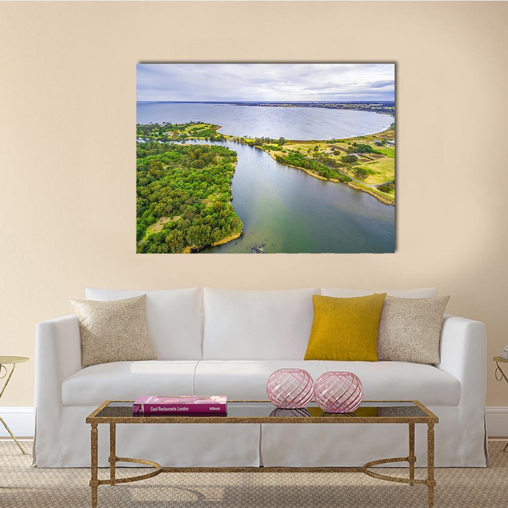 Jones Bay at Gippsland Lakes View Canvas Wall Art in green and blue, single panel hung on a wall