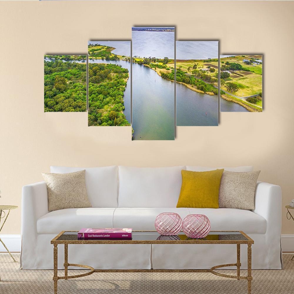 Jones Bay at Gippsland Lakes View Canvas Wall Art in green and blue, 5 panel Star layout hung on a wall