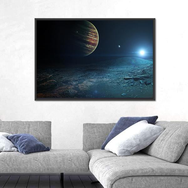 View of Jupiter from Ganymede Canvas Wall Art in black and blue, framed canvas, product view on a white background