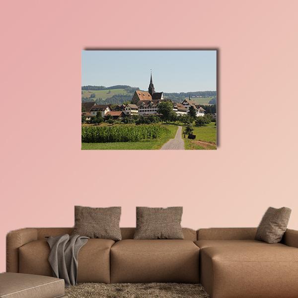 Kappel Monastery in Switzerland Canvas Wall Art in brown, green and blue, single panel hung on a wall
