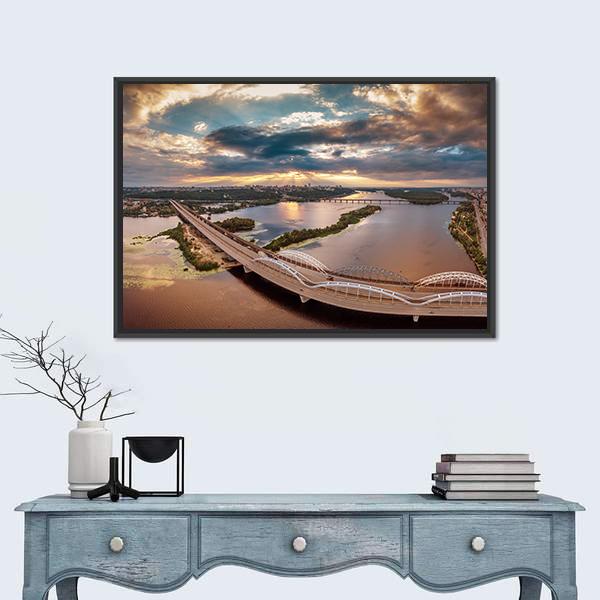 View Of Kiev Bridge Canvas Wall Art-1 Piece-Floating Frame-24" x 16"-Tiaracle