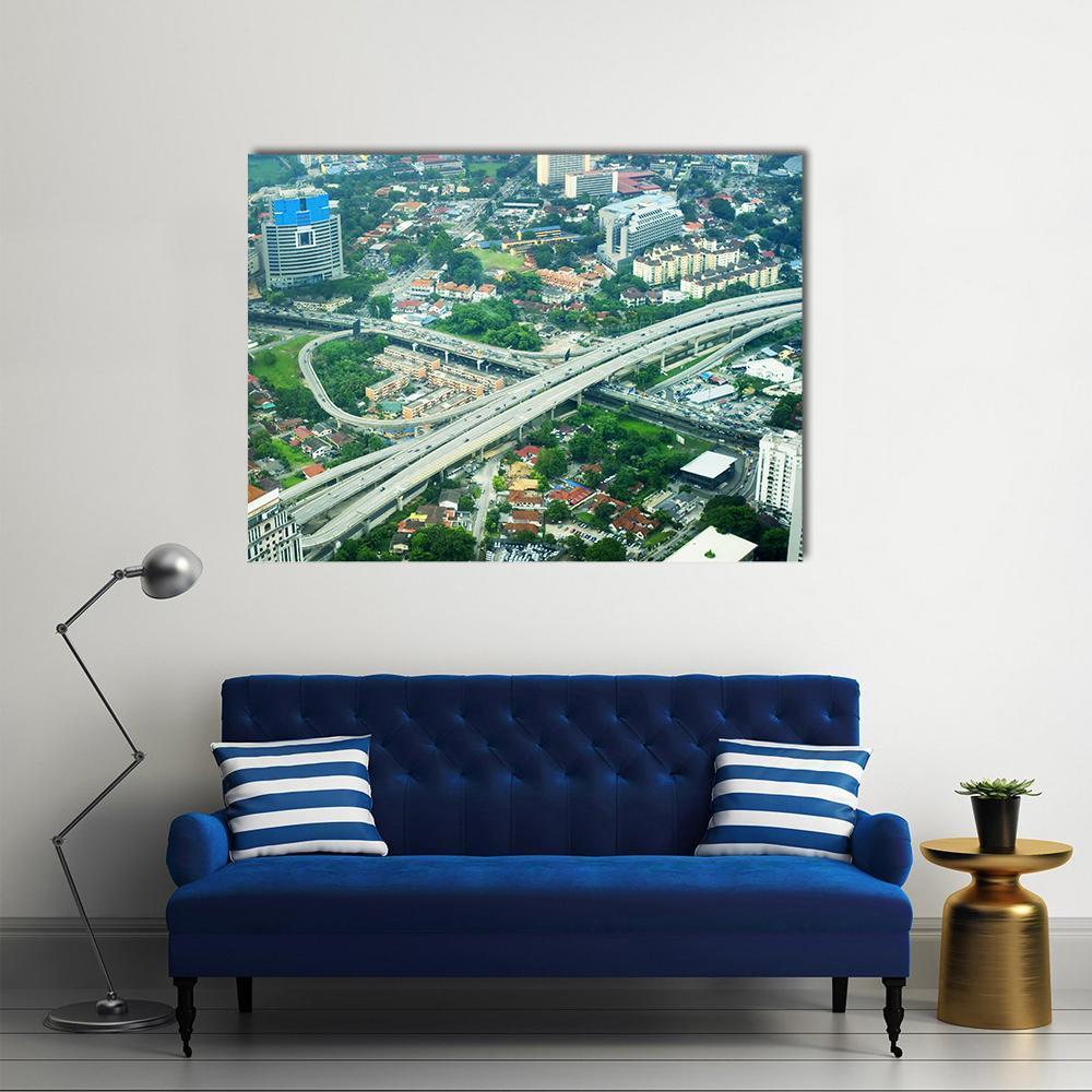 Kuala Lumpur Cityscape in Dynamic Aerial View Canvas Wall Art in white, gray and green, single panel hung on a wall