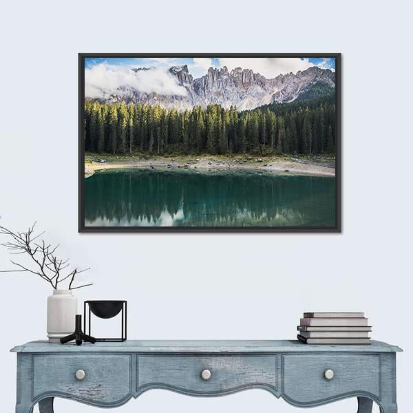 View Of Lago Di Carezza Dolomites In Italy Canvas Wall Art-1 Piece-Floating Frame-24" x 16"-Tiaracle