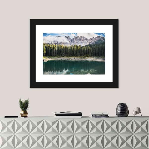 View Of Lago Di Carezza Dolomites In Italy Canvas Wall Art-1 Piece-Framed Print-20" x 16"-Tiaracle