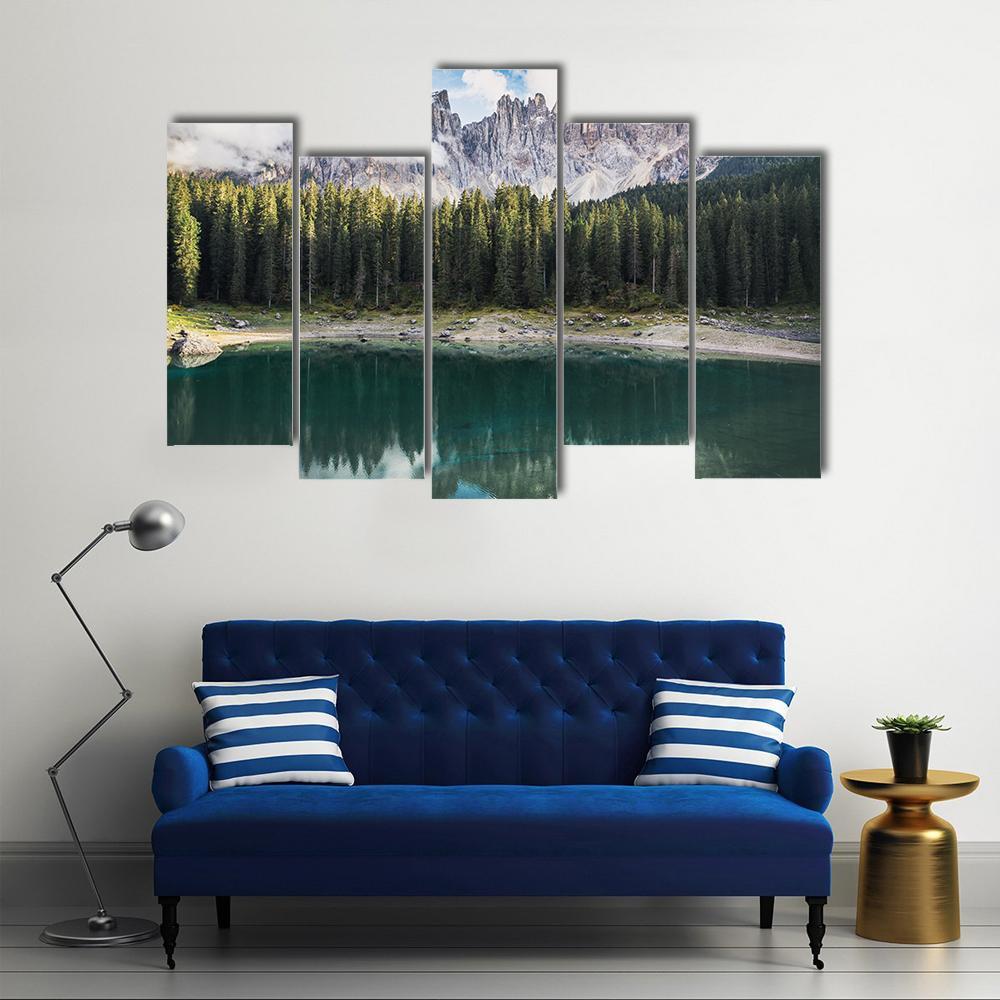 View Of Lago Di Carezza Dolomites In Italy Canvas Wall Art-5 Pop-Gallery Wrap-47" x 32"-Tiaracle