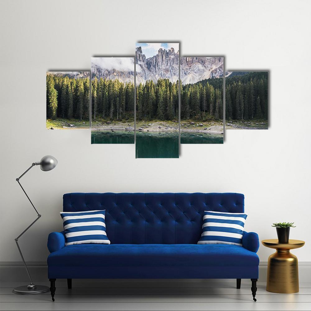 View Of Lago Di Carezza Dolomites In Italy Canvas Wall Art-5 Star-Gallery Wrap-62" x 32"-Tiaracle