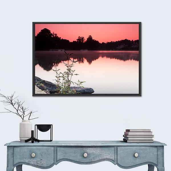 View Of Lake And Houses During Sunrise Canvas Wall Art-1 Piece-Floating Frame-24" x 16"-Tiaracle