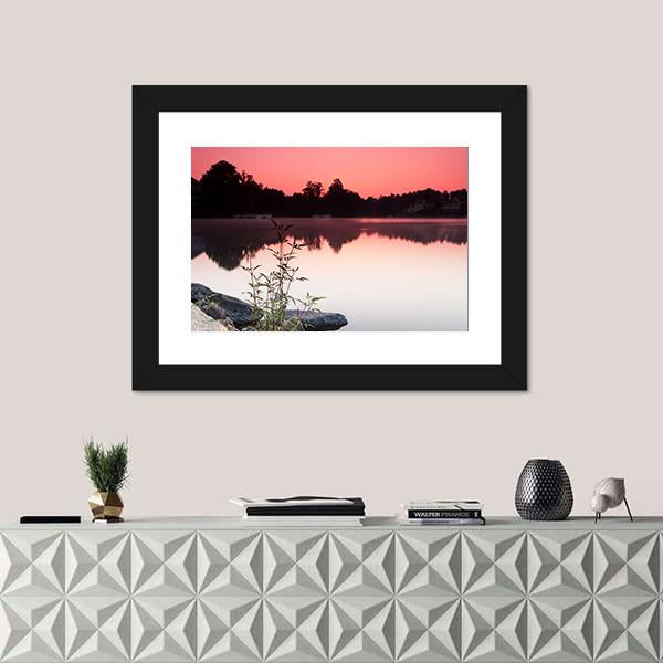 View Of Lake And Houses During Sunrise Canvas Wall Art-1 Piece-Framed Print-20" x 16"-Tiaracle