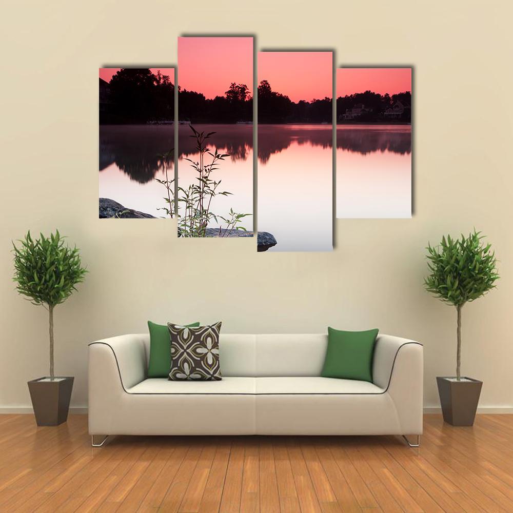 View Of Lake And Houses During Sunrise Canvas Wall Art-4 Pop-Gallery Wrap-50" x 32"-Tiaracle