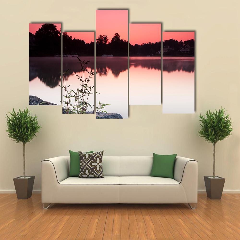 View Of Lake And Houses During Sunrise Canvas Wall Art-5 Pop-Gallery Wrap-47" x 32"-Tiaracle