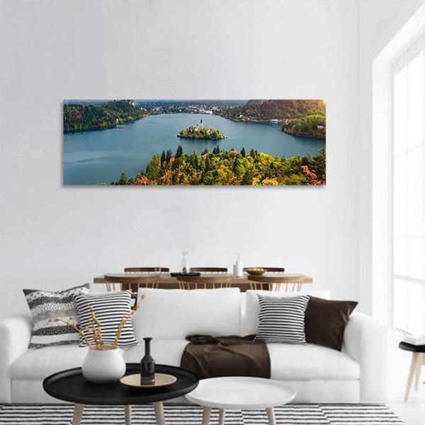 View Of Lake Bled In Slovenia Panoramic Canvas Wall Art-3 Piece-25" x 08"-Tiaracle