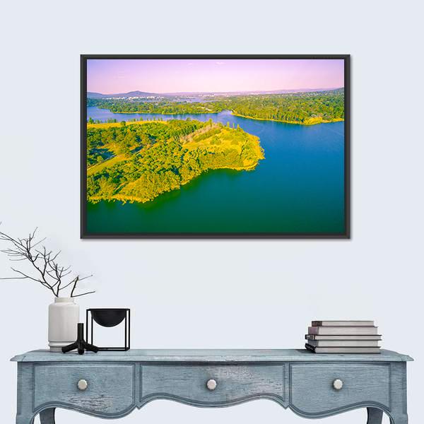View Of Lake Burley Griffin Canvas Wall Art-1 Piece-Floating Frame-24&quot; x 16&quot;-Tiaracle