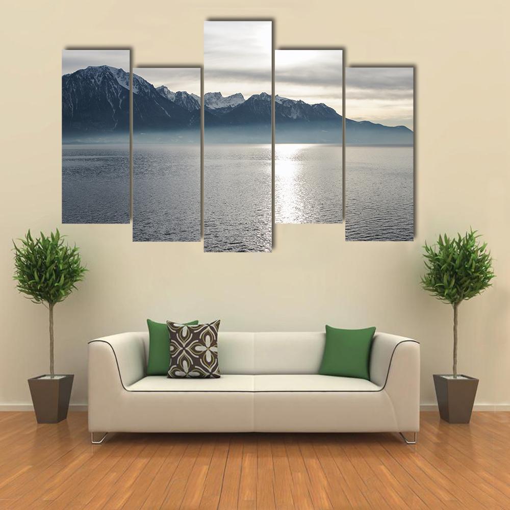 View Of Lake Geneva Canvas Wall Art-5 Pop-Gallery Wrap-47" x 32"-Tiaracle