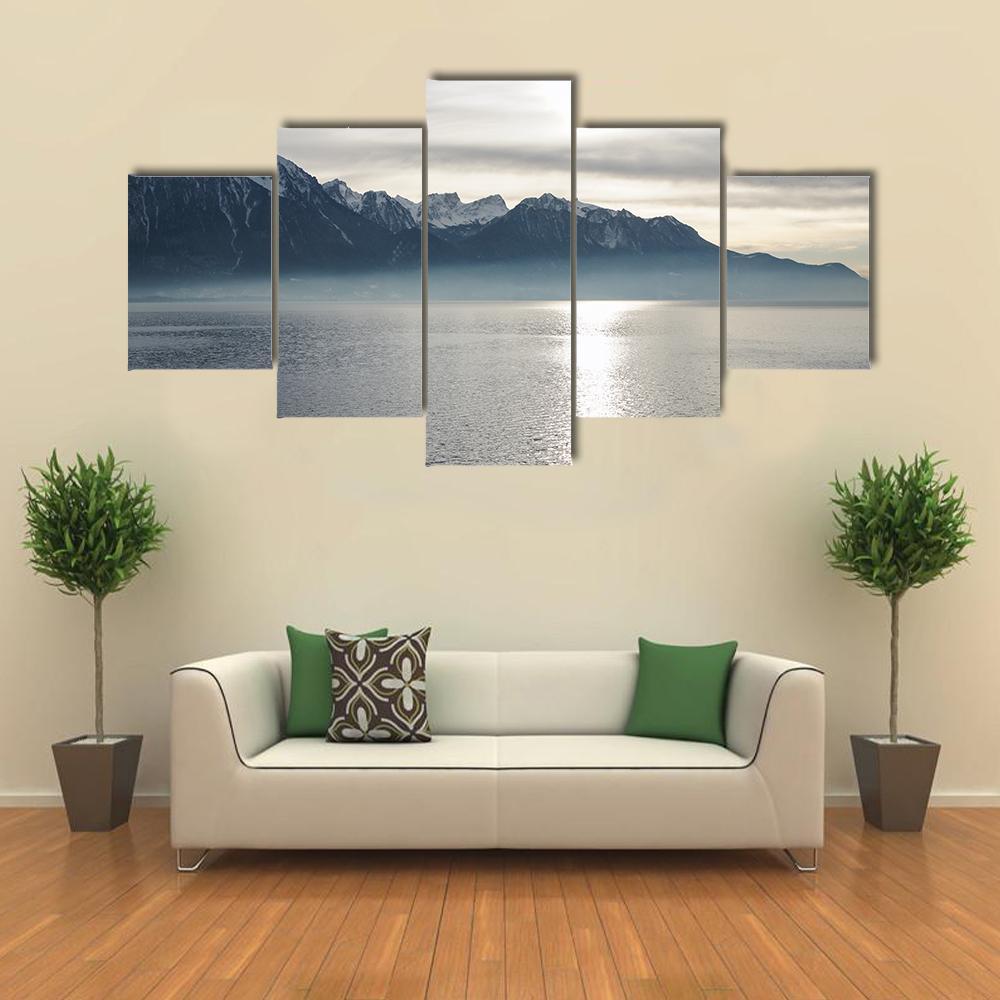 View Of Lake Geneva Canvas Wall Art-4 Pop-Gallery Wrap-50" x 32"-Tiaracle