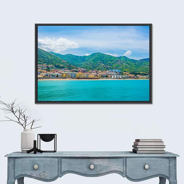Cefalu Lake View with Colorful Coastal Town Canvas Wall Art in green and blue, framed canvas, product view on a white background