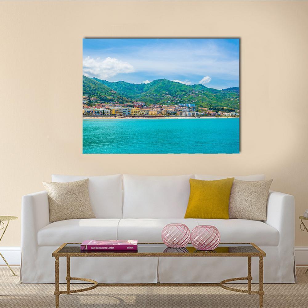 Cefalu Lake View with Colorful Coastal Town Canvas Wall Art in green and blue, single panel hung on a wall