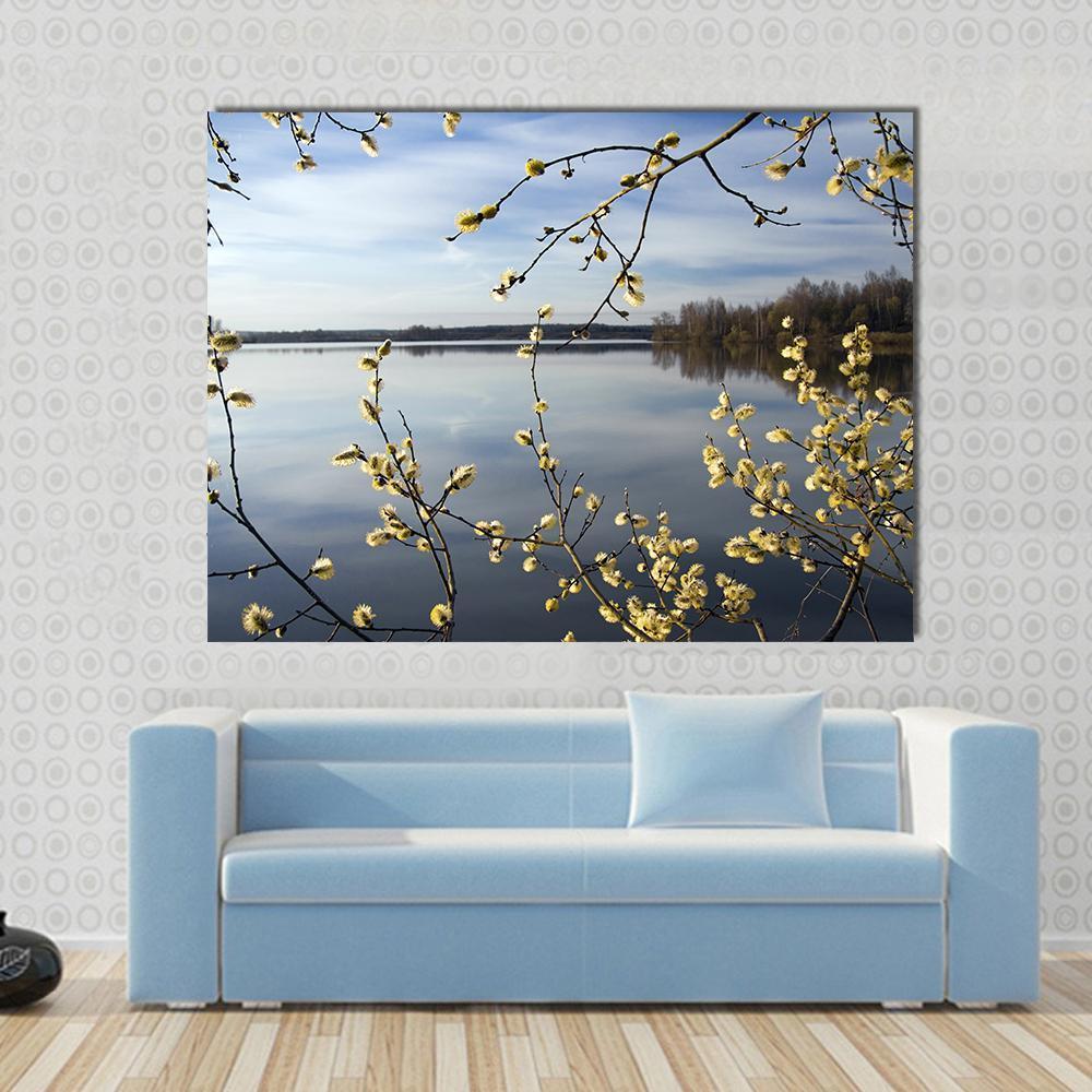 Lake in Spring Canvas Wall Art in gray, yellow and blue, single panel hung on a wall