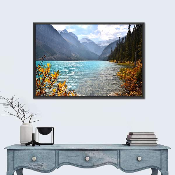 View Of Lake Louise With Autumn Colors Canvas Wall Art-1 Piece-Floating Frame-24" x 16"-Tiaracle