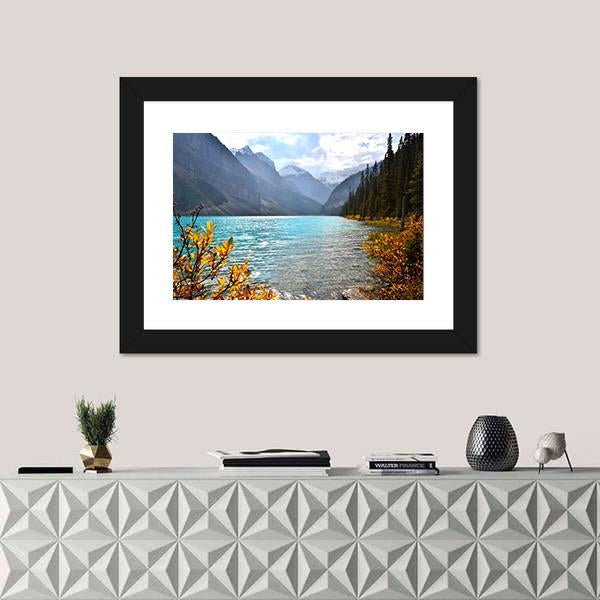 View Of Lake Louise With Autumn Colors Canvas Wall Art-1 Piece-Framed Print-20" x 16"-Tiaracle