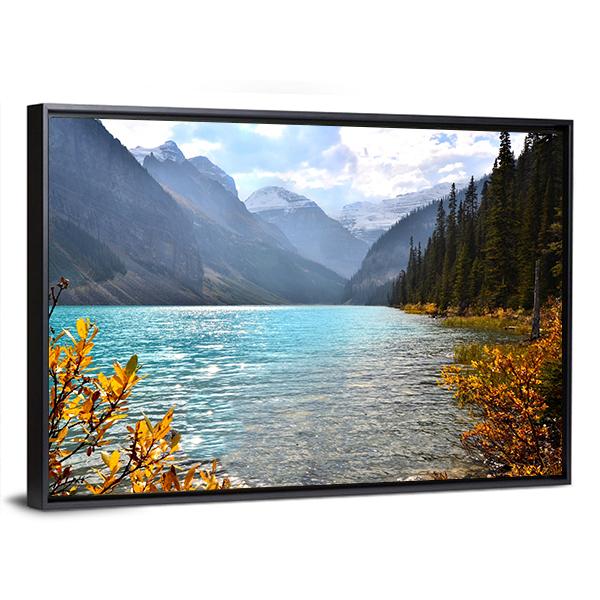 View Of Lake Louise With Autumn Colors Canvas Wall Art-3 Horizontal-Gallery Wrap-25" x 16"-Tiaracle
