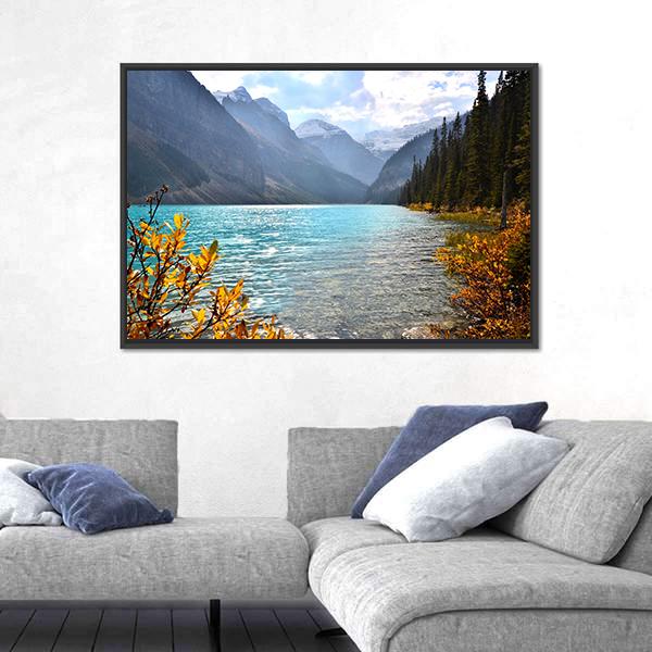 View Of Lake Louise With Autumn Colors Canvas Wall Art-3 Horizontal-Gallery Wrap-25" x 16"-Tiaracle
