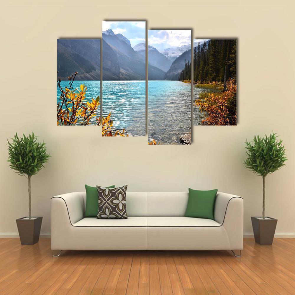 View Of Lake Louise With Autumn Colors Canvas Wall Art-4 Pop-Gallery Wrap-50" x 32"-Tiaracle