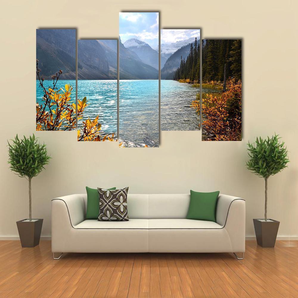 View Of Lake Louise With Autumn Colors Canvas Wall Art-5 Pop-Gallery Wrap-47" x 32"-Tiaracle